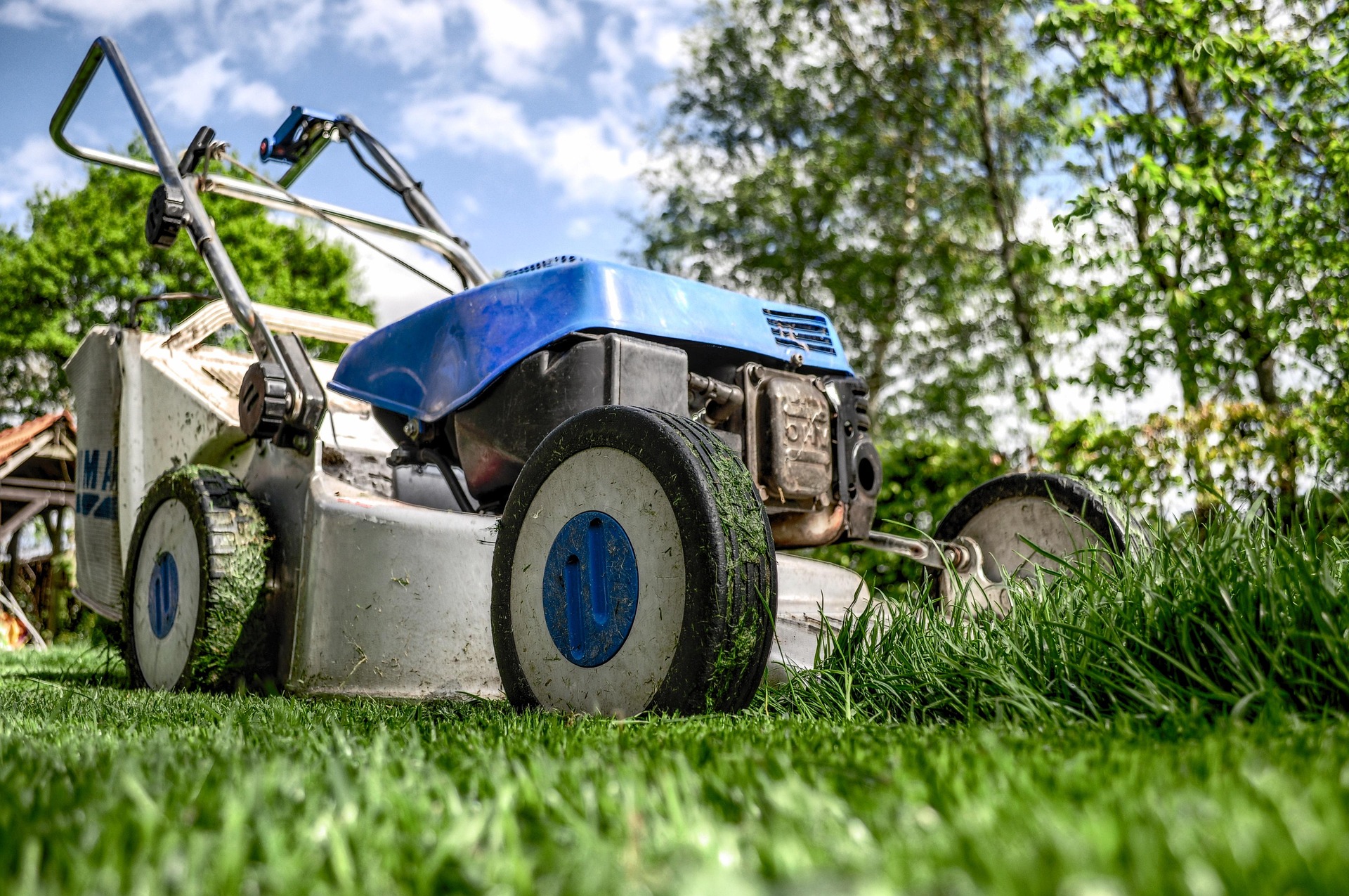 Lawn mower sits on green grass in a yard with trees in the background.