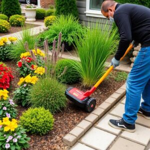 Gardener edges a flowerbed with a red and black lawn edger along a stone path.