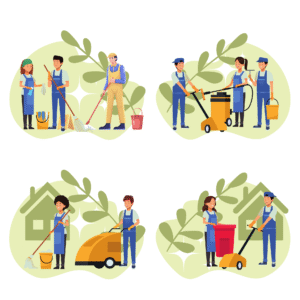 Illustrations show cleaning teams mopping floors, using cleaning machines, and emptying trash cans.